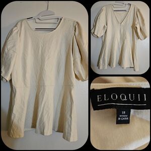 SIZE 18 ELOQUII cream fit flare puff sleeve peplum blouse top shirt